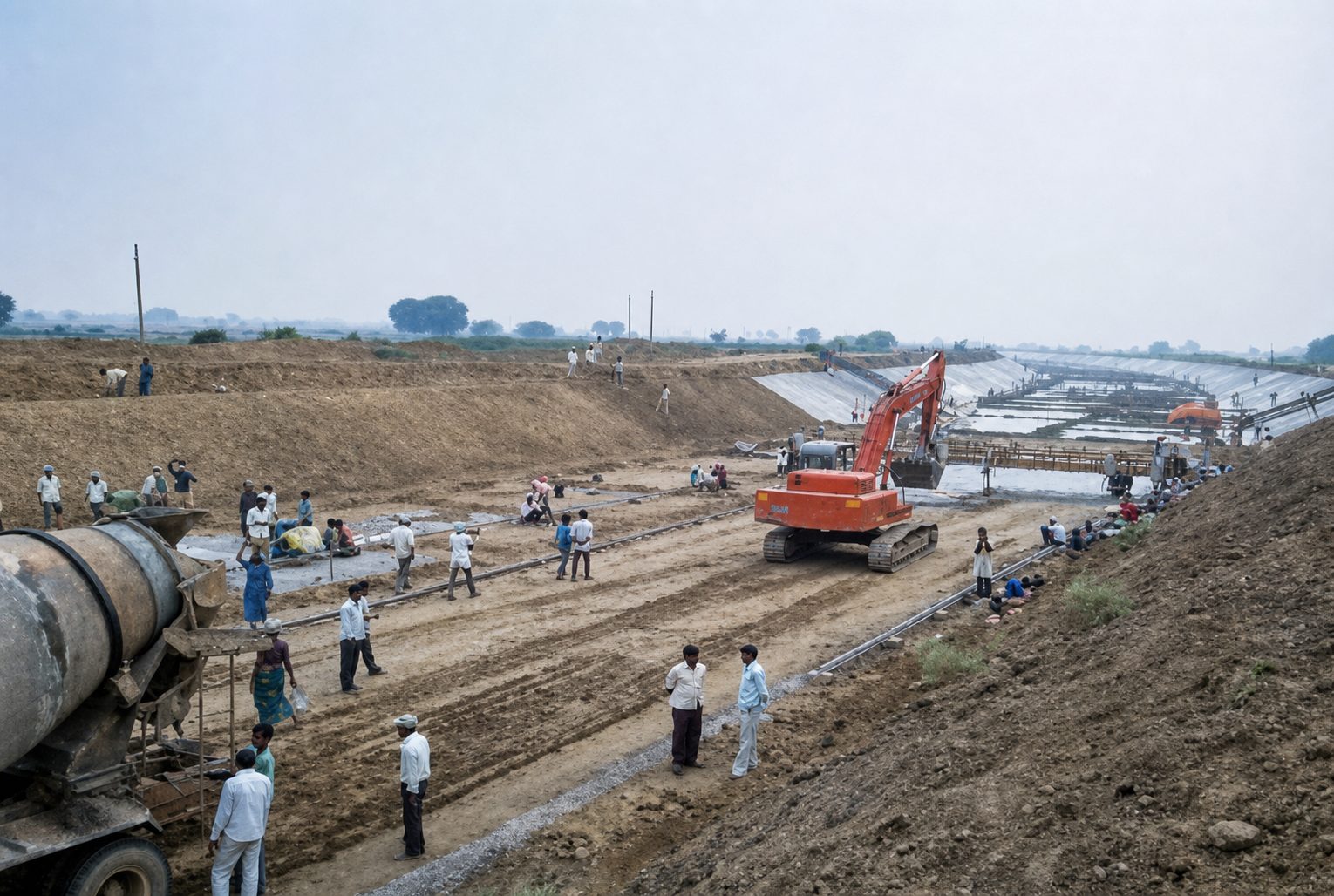 Paver machine laying cement concrete canal lining